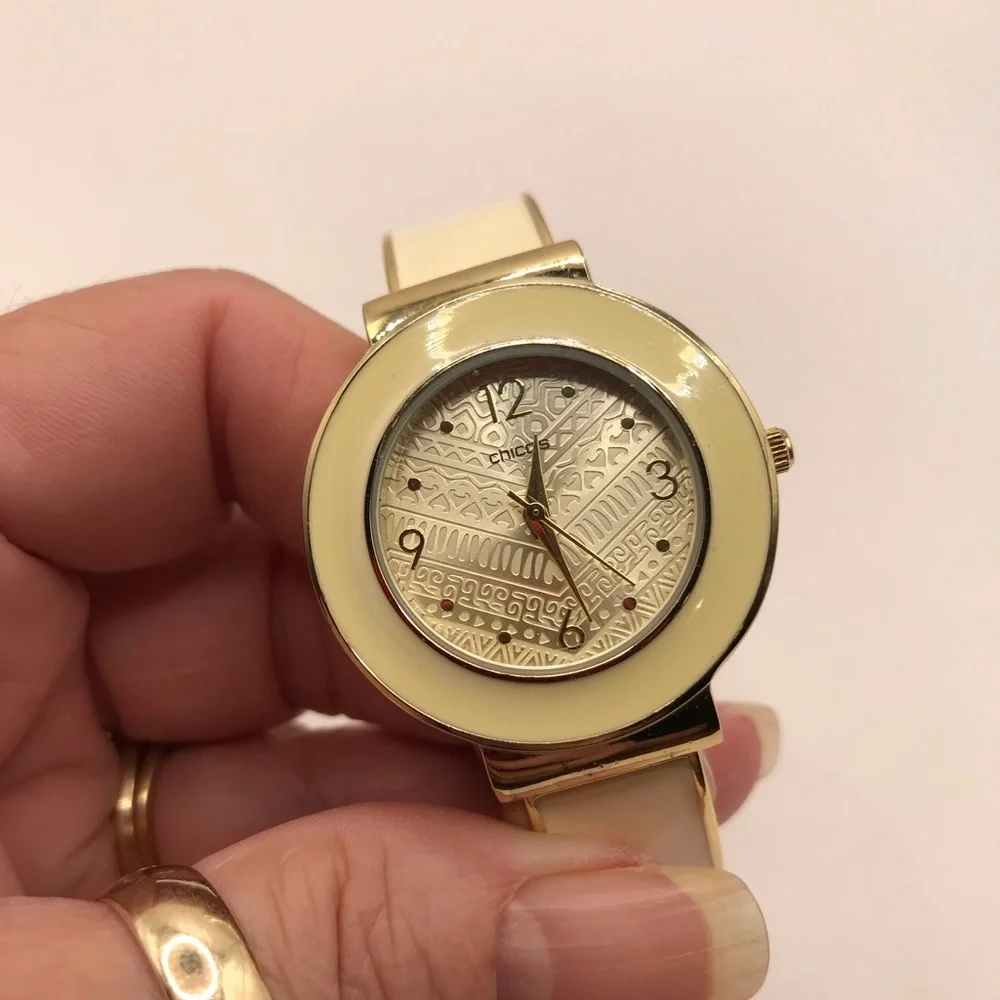 Chico’s Gold-Tone & Cream Hinged Cuff Watch